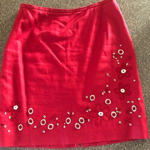 Ann Taylor Deep Red Linen skirt with embroidery